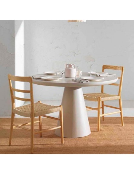 Mesa redonda de comedor lacada Libra blanco crudo