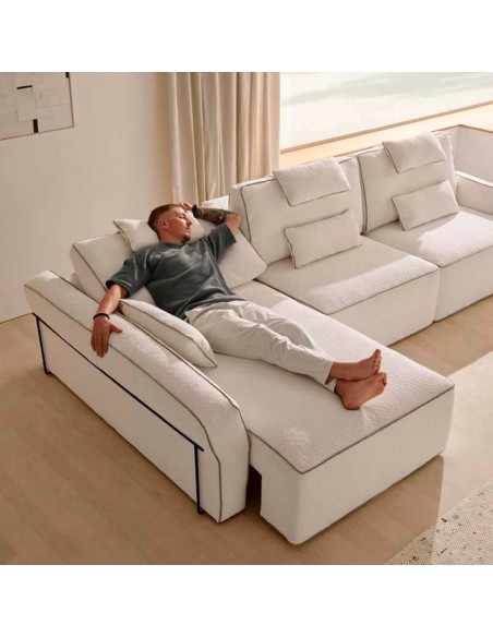 Sofá chaiselongue con carro deslizante y arcones Dinra
